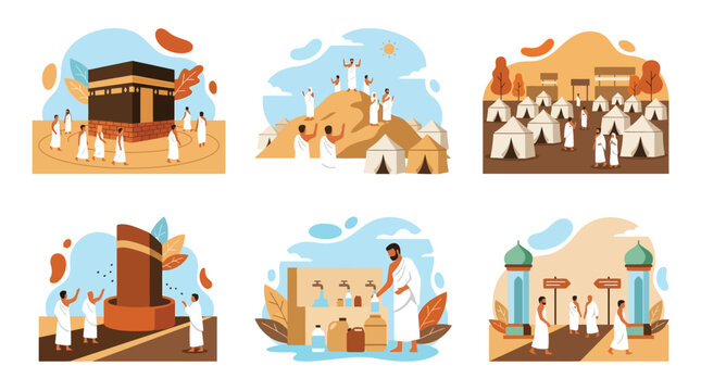 Islamic Hajj and Umrah Pilgrimage Rituals Collection Flat Vector Illustration Set with Kaaba and Pilgrims