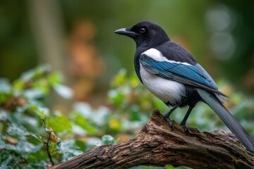 Obraz premium Calm nature portrait of a magpie on a mossy branch in a forest scene