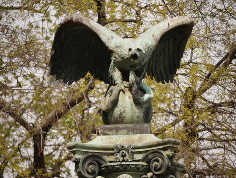 Beautiful bronze statue of a Turul, a mythological bird of prey, mostly depicted as a falcon, in Hungarian tradition and Turkic tradition, and a national symbol of Hungarians.