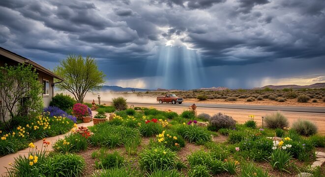 A roadside scene with vibrant flowers, a passing truck, and a dramatic sky with sun rays piercing through the clouds