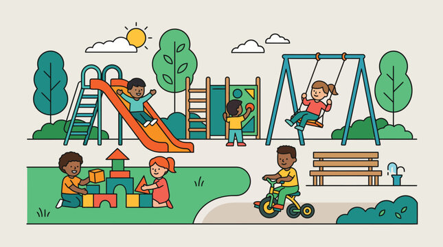 Children Playing Happily on Outdoor Playground with Slide and Swings, Flat Line Art Illustration