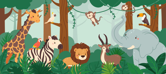 Obraz premium Jungle scene. Wild animals in forest. African wildlife with giraffe, elephant, lion, monkey, bird, zebra in tropical environment. Vector nature landscape