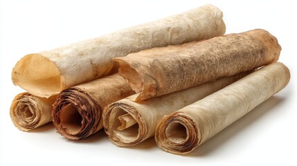 Fototapeta premium Vintage parchment scrolls on a clean white background with aged texture and curled edges