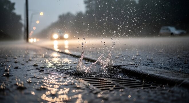 Rainy night street scene water splashing from a storm drain