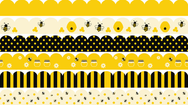 Bumble Bee Theme Decorative Border Set with Honeycombs Jars and Floral Patterns for Graphic Design and Scrapbooking