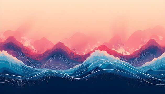 A vibrant digital illustration of a serene mountain landscape with rolling waves and a peaceful sunset