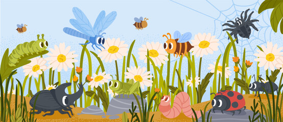 Insect background. Kid scene with bugs. Natural field scenery in grass with funny ladybug, spider, bee, worm, ant, caterpillar, dragonfly. Vector cute child insects concept © Foxy Fox