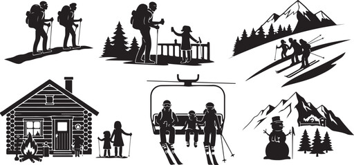 Fototapeta premium Black silhouette of people in various winter activities and settings