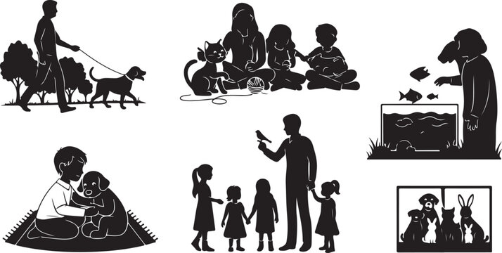 Black silhouette of diverse people in various activities