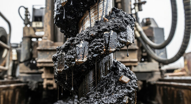Close-up of drilling rig auger bit covered in thick black mud, isolated on transparent background.