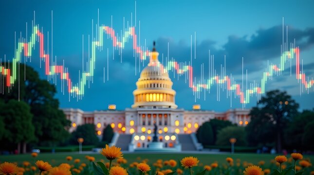 Financial Graph Overlaying Capitol Building at Sunset with Colorful Sky and Blooming Flowers