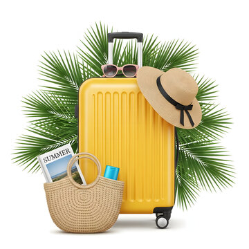 Yellow travel suitcase with beach hat and straw bag on white background still life suitcase vacation accessories sunglasses destination transportation collection lifestyle outdoors isolated