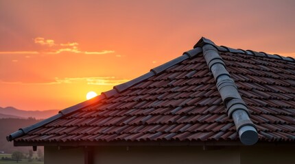 Fototapeta premium Rooftop View of a Rustic House Against a Vibrant Sunset over the Countryside Landscape