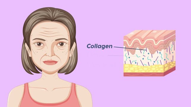 Illustration of aged skin showing collagen elastin and fibroblast cells aging process.