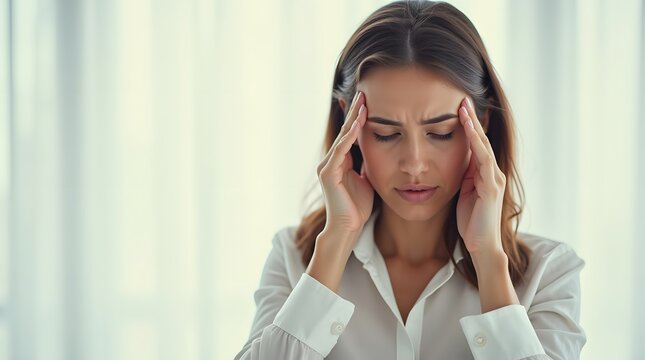Woman Suffering From Headache in Office Environment with Serious Expression and Focused Stance