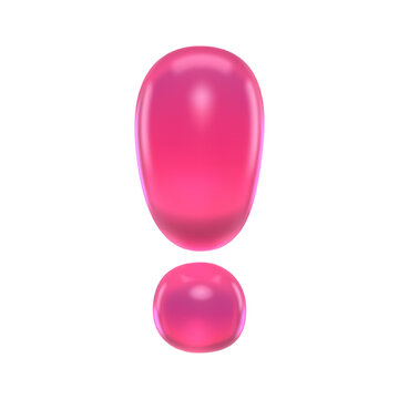 Glossy pink 3D gummy exclamation mark with marmalade jelly texture