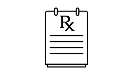 Minimalist black line vector icon of a medical prescription pad with Rx symbol and horizontal note lines, isolated on a white background for healthcare, pharmacy, and doctor office design. © CHAMPA