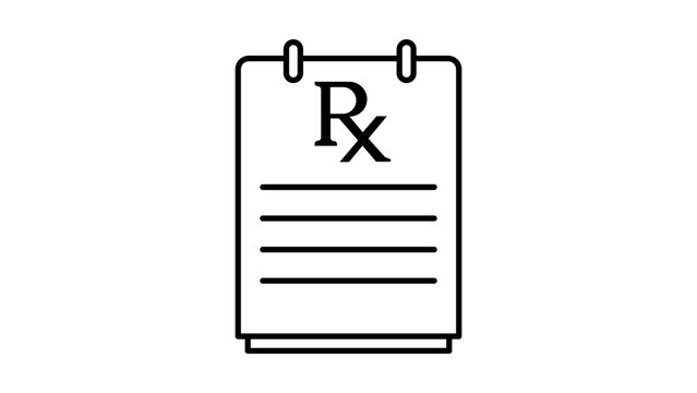 Minimalist black line vector icon of a medical prescription pad with Rx symbol and horizontal note lines, isolated on a white background for healthcare, pharmacy, and doctor office design.