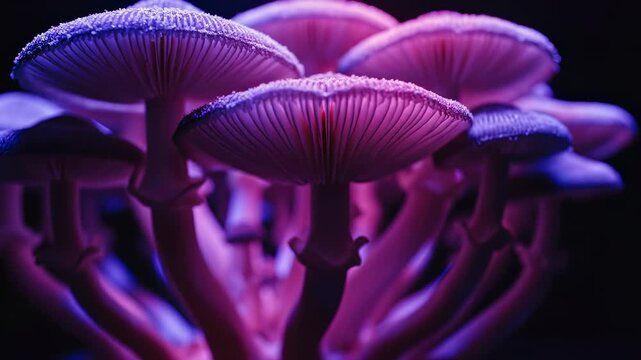 This features a cluster of vibrant purple mushrooms glowing under ultraviolet light against a dark background. The mushrooms have a detailed texture and pattern on their caps, and their stems are long