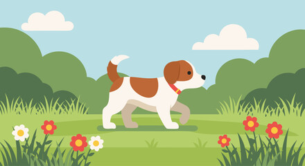 Fototapeta premium Beagle walking on grassy trail in park landscape