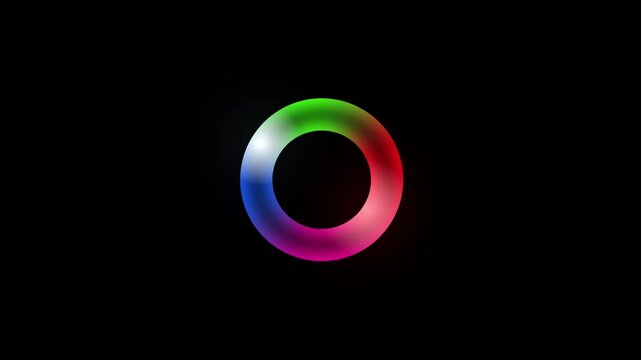 Rotating colorful torus shape with vibrant glow and modern abstract motion graphics on a black screen, smooth animation loop, neon gradients, and futuristic digital effects composition, 4K animation