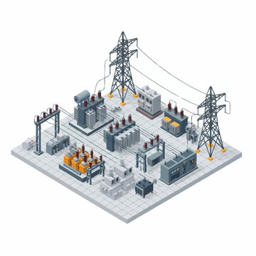 Electrical power substation with transformers and transmission towers.
