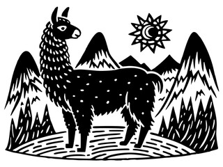 Fototapeta premium Llama standing in mountainous landscape with sun symbol