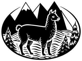 Fototapeta premium Llama standing in oval mountain emblem with trees