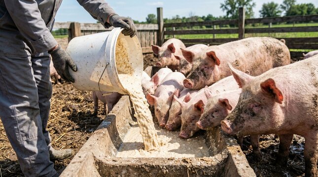 A close-up view of a Farmer feeding animals by pouring liquid meal into a wooden trough for pigs for agricultural industry reports.