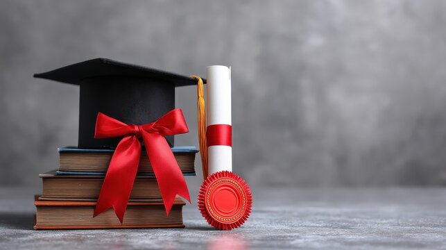 A black graduation cap sits atop a stack of books with a diploma tied in a red ribbon resting on the side against a gray background