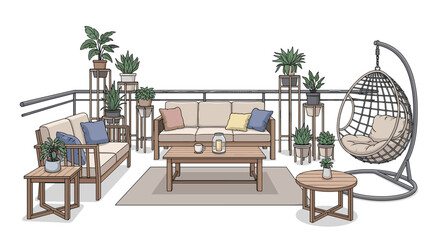 Fototapeta premium Expansive outdoor balcony features a two-seater sofa, a three-seater sofa, a coffee table, a side table, a hanging egg chair, and numerous decorative potted plants on stands.
