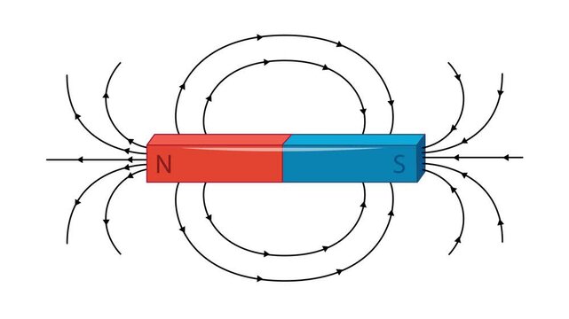 Bar and horseshoe magnets illustrating magnetic field lines with arrows showing direction motion graphics.