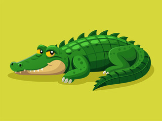 Fototapeta premium Green cartoon crocodile reclining on yellow background