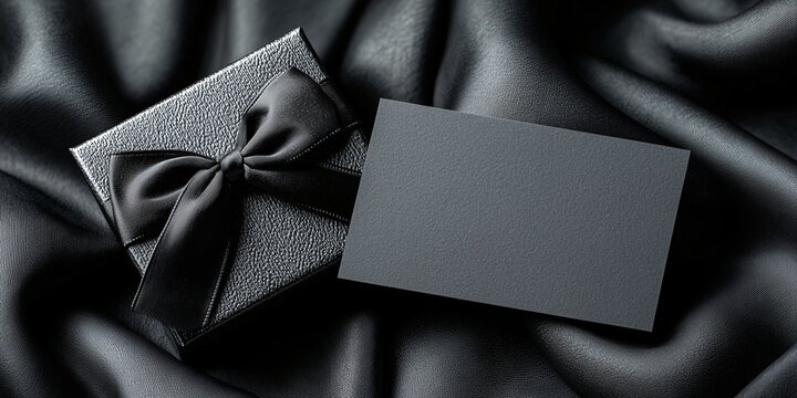 card mockup on a black obsidian surface next to a black box with a wide black satin bow "Postcard mockup, cardmockup, greetingcard, giftcard"
