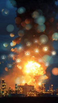 Catastrophic fire engulfs chemical storage at refinery. Social connection idea. Subtle changes in smoke patterns as refinery blaze intensifies. Online friendship symbol.
