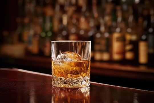 A crystal glass filled with amber whiskey and a large ice cube sits on a polished wooden bar.