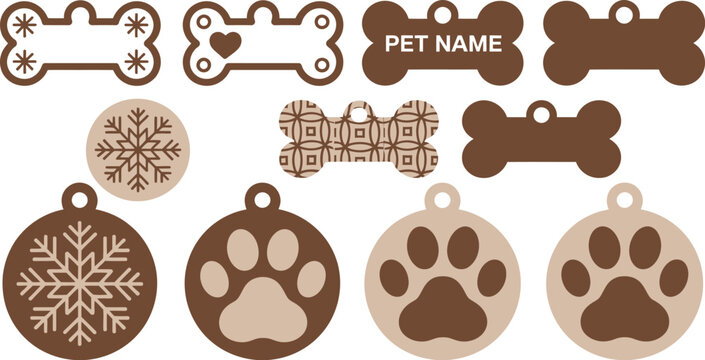Pet themed ornament and tag vector set, laser cut design collection featuring cat and dog shapes paw prints bones collars and name tags, clean cut line style with decorative frames, precise silhouette