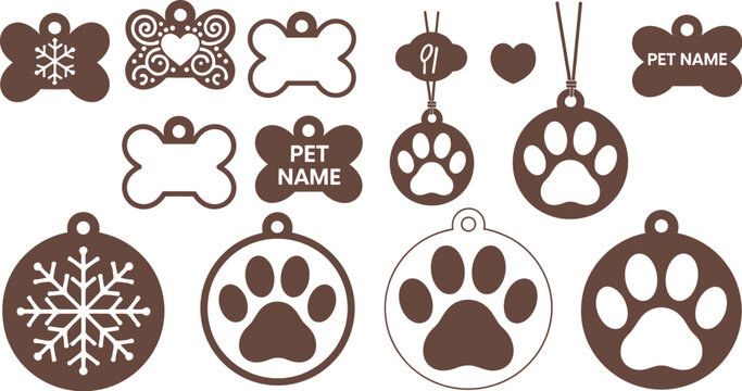 Pet themed ornament and tag vector set, laser cut design collection featuring cat and dog shapes paw prints bones collars and name tags, clean cut line style with decorative frames, precise silhouette