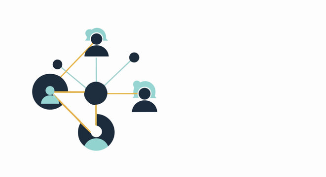 Vector network connection with people icons and abstract shapes, representing social media or team collaboration concept.