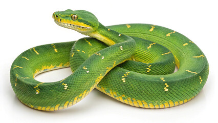 Fototapeta premium Emerald tree boa green snake with yellow markings