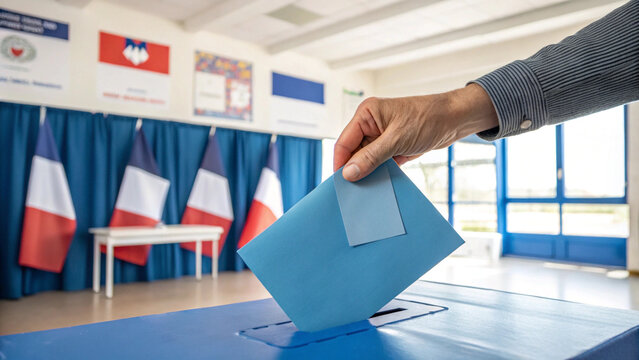 Voter hand casting ballot at polling station