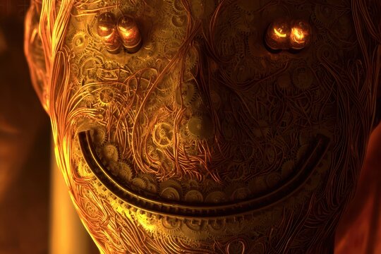 Intricate steampunk robot face with glowing eyes and a wide smile, made of gears and wires.