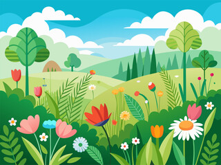 Fototapeta premium Wildflower meadow blooming in rolling green hillside landscape