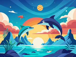 Fototapeta premium Dolphins leaping above water at tropical sunset bay