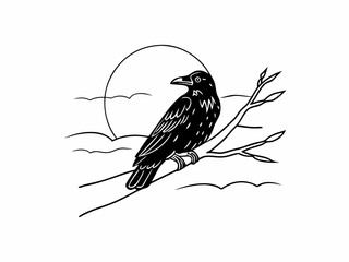 Naklejka premium Raven perched on branch with sun outline in background