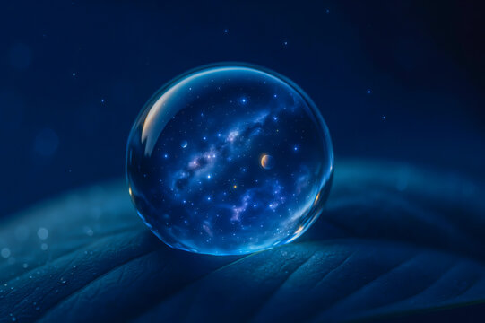 Universe in glass sphere on dark leaf surface
