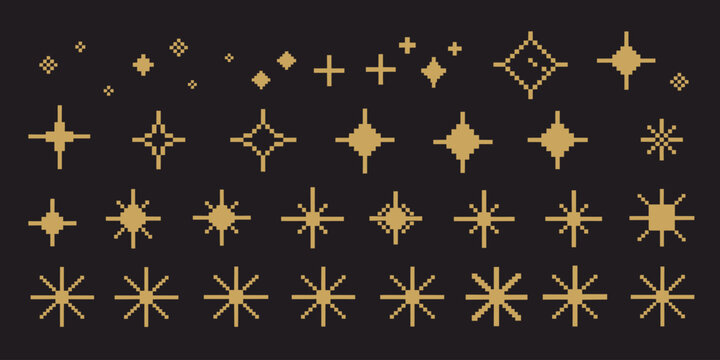 Pixel art stars vector set, comic 8-bit game style space light collection featuring retro yellow and gold sparkling stars glitter bursts and night sky elements, pixelated decorative shapes