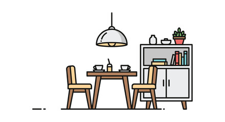 Fototapeta premium Minimalist dining nook interior displays a wooden table, two chairs, and a white cabinet with open shelves, softly illuminated by a modern pendant lamp.