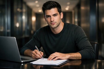 Fototapeta premium Confident young businessman signing documents at a modern office desk, professional male executive working with paperwork, focused entrepreneur in a contemporary workspace.