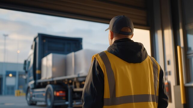 Dock safety officer placing triangular wheel chock behind truck tire in loading bay, high-visibility vest bright under bay lighting, industrial door mechanism visible overhead, perfect for loading